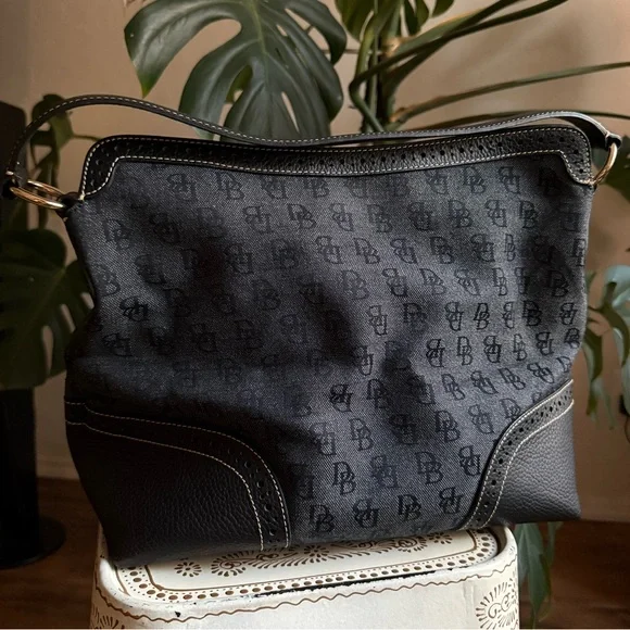 Dooney & Bourke Black Monogram Shoulder Bag with Perforated Leather and Tassels - Picture 2 of 11